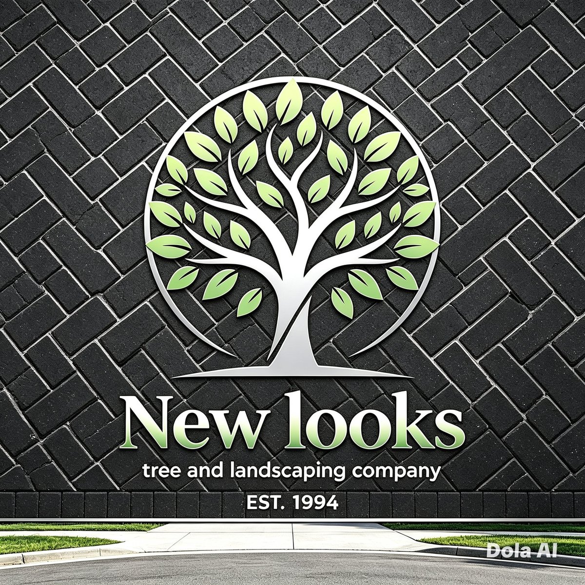 New looks tree and landscaping company logo with white tree and green leaves on dark brick background