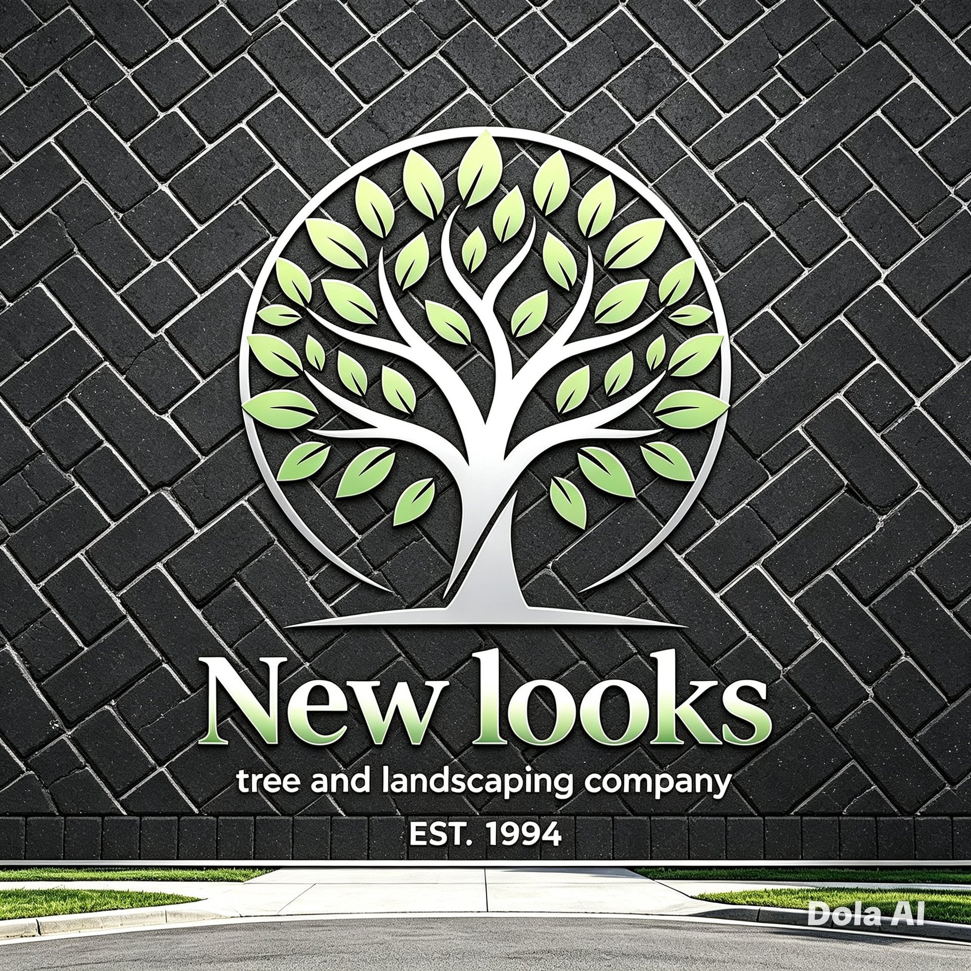 New looks tree and landscaping company logo with white tree and green leaves on dark brick background